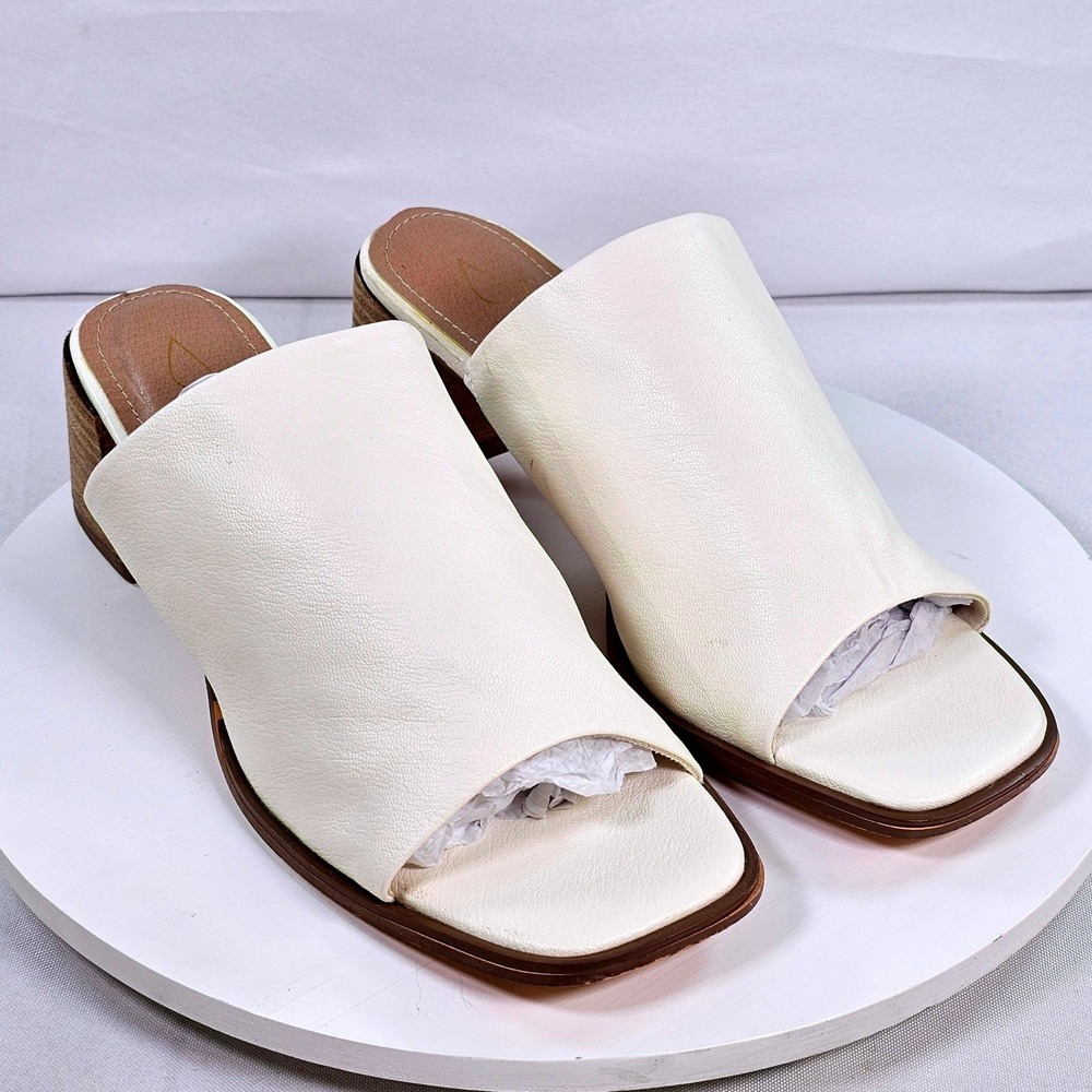 Joie Womens White Pebbled Leather Block Heel Slide Sandals Square Toe Mules 8M